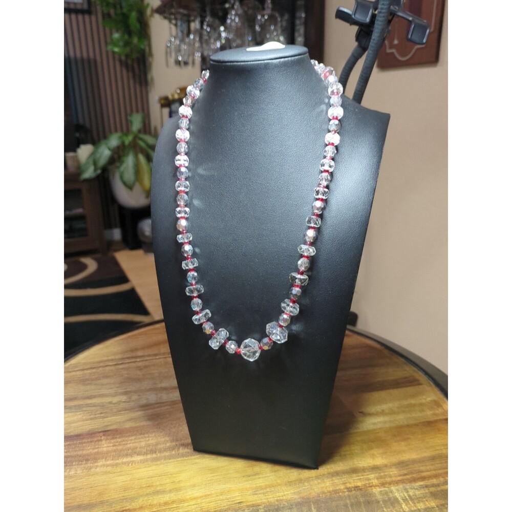 Vtg  Faceted Crystal Clear & Red Beads Necklace